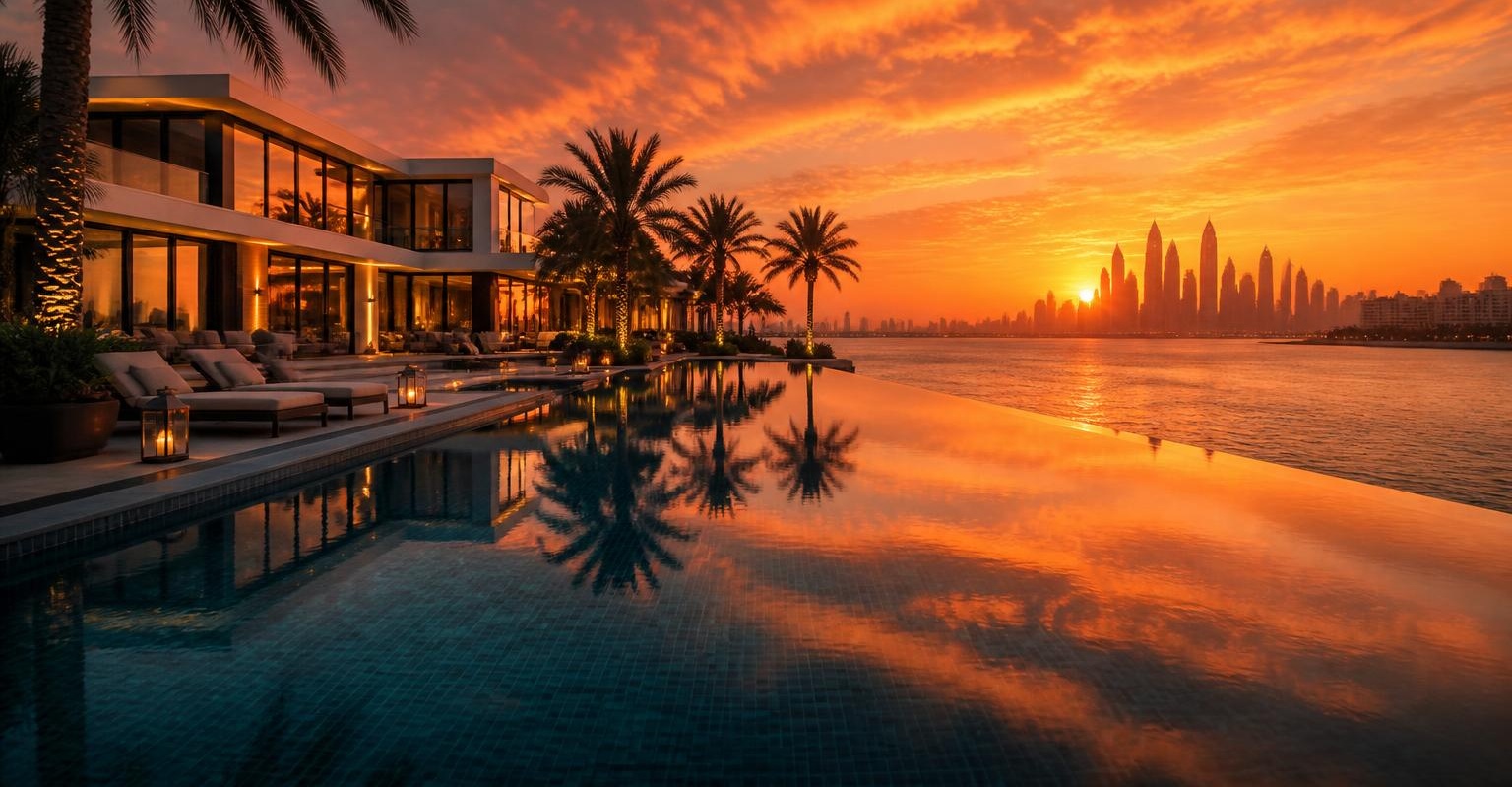 Villa privée à Dubaï accueillant le séminaire, au crépuscule