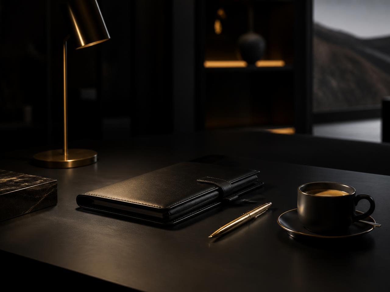 Détail du salon de travail : carnet en cuir et stylo doré
